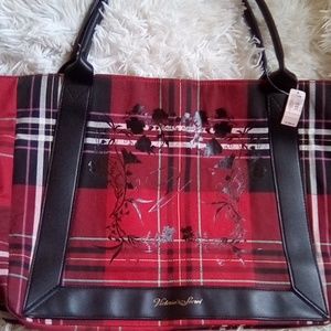 NWT Victoria Secret Red And Black Plaid Oversized Bag With Gold VS Logo